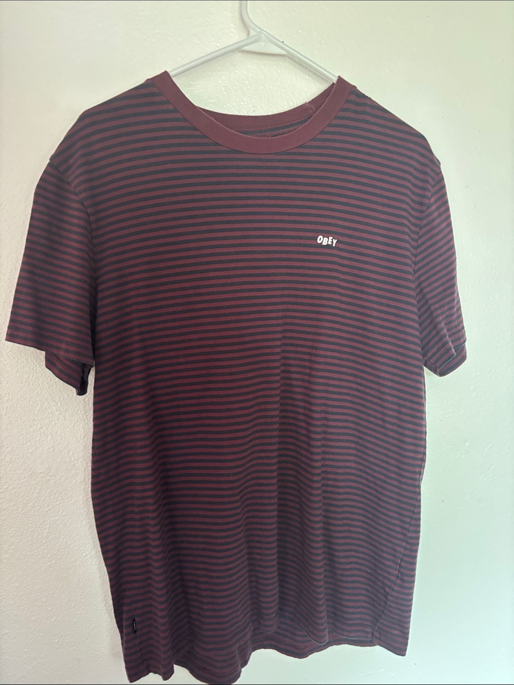 Obey Burgundy and Black Striped Crew Tee